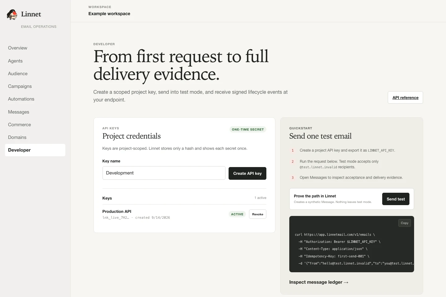 Linnet developer workspace with project keys, test send, and webhooks